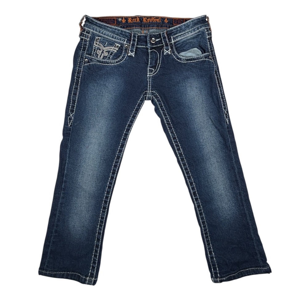 Rock Revival Women's 28 Capri Jeans Dark Wash Buckle Exclusive Thick Stitch Crop